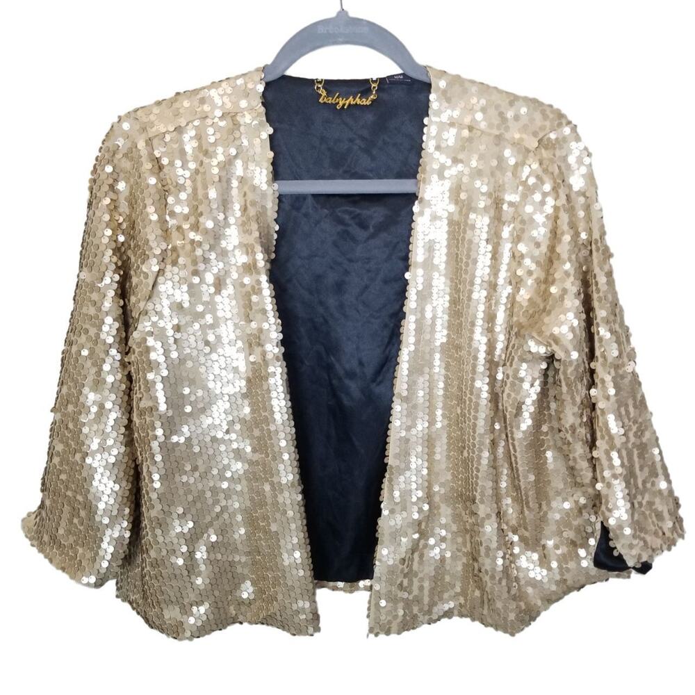 Baby Phat Womens Sequin Jacket Size M Crop Open Front Glam Holiday Event Party
